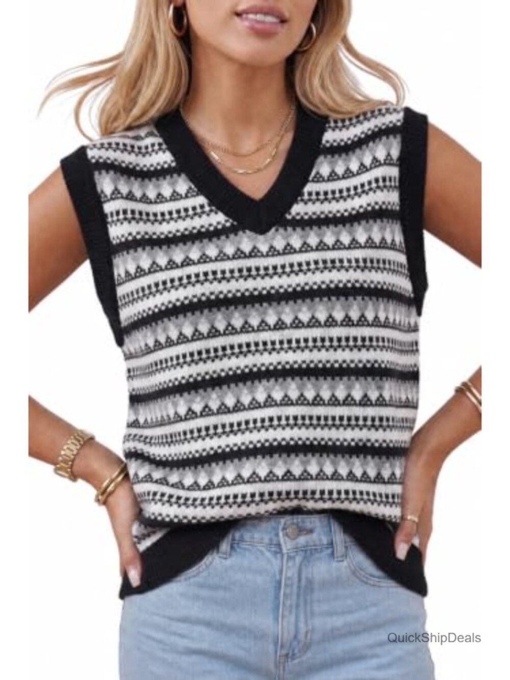 Wool Blend Sleeveless Knit Sweater Vest, Vintage Jacquard, Casual
